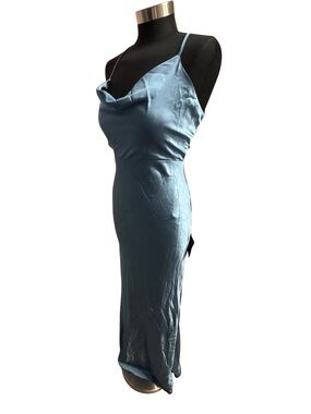 NWT Lulus Blue Satin Cowl Neck Lace-Up Maxi Dress Size S